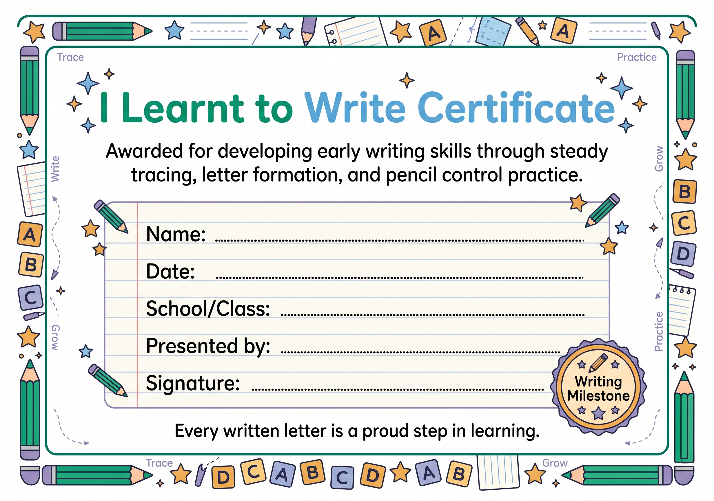 I Learnt to Write Certificate preview