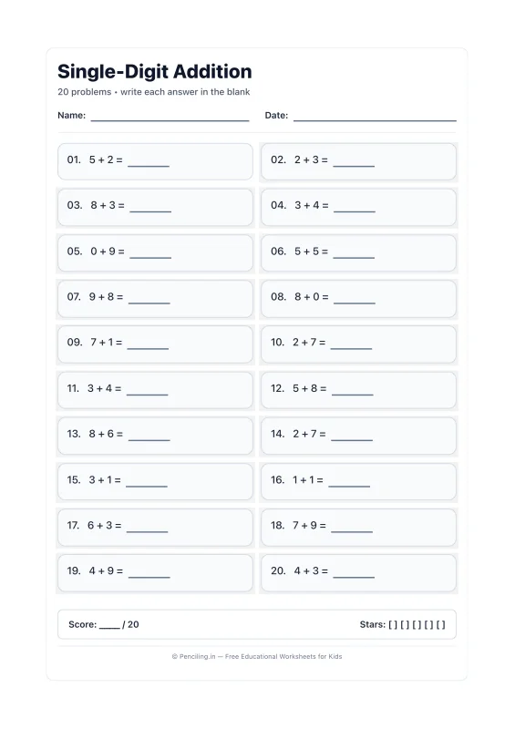 Single Digit Addition Worksheet 01 worksheet preview