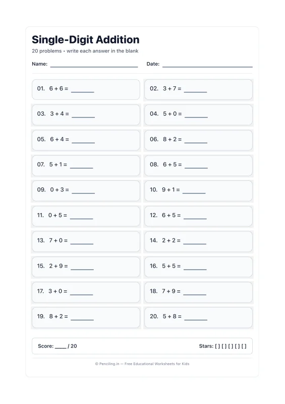 Single Digit Addition Worksheet 04 worksheet preview