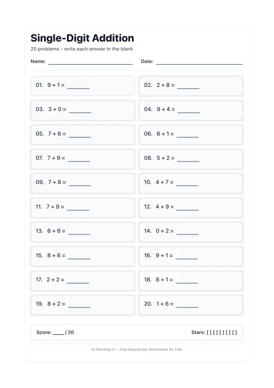 Single Digit Addition Worksheet 05 worksheet preview
