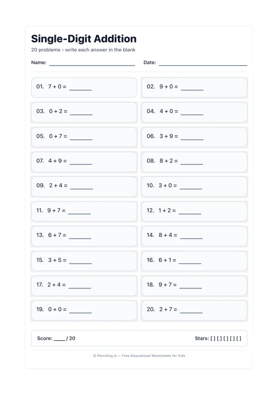 Single Digit Addition Worksheet 07 worksheet preview