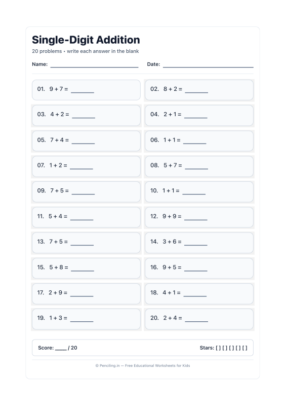 Single Digit Addition Worksheet 15 worksheet preview