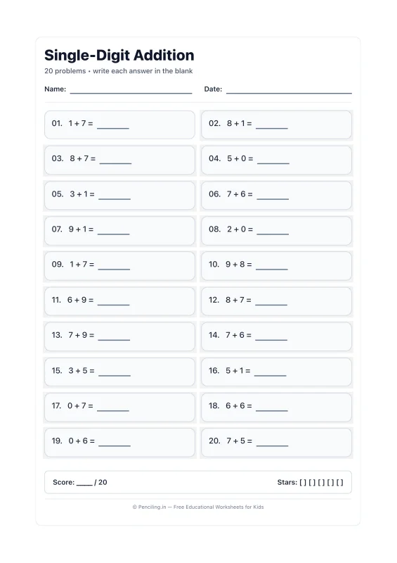 Single Digit Addition Worksheet 16 worksheet preview