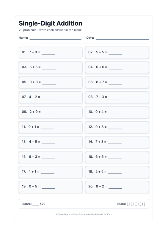 Single Digit Addition Worksheet 19 worksheet preview