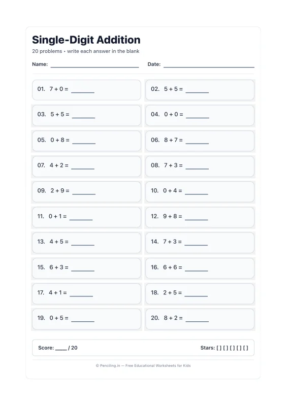 Single Digit Addition Worksheet 19 worksheet preview