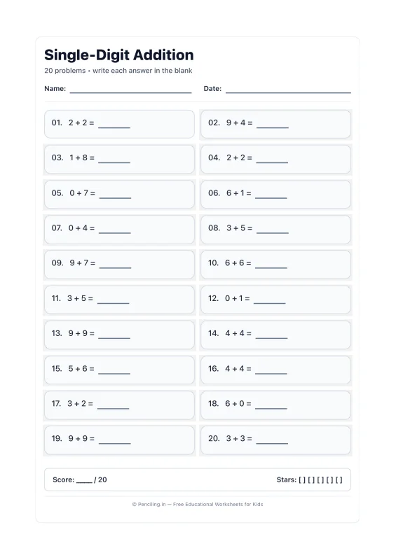 Single Digit Addition Worksheet 20 worksheet preview