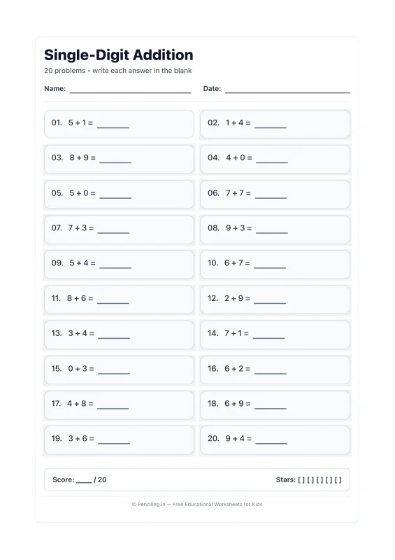 Single Digit Addition Worksheet 21 worksheet preview