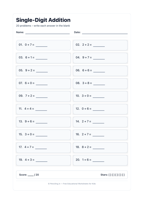 Single Digit Addition Worksheet 22 worksheet preview