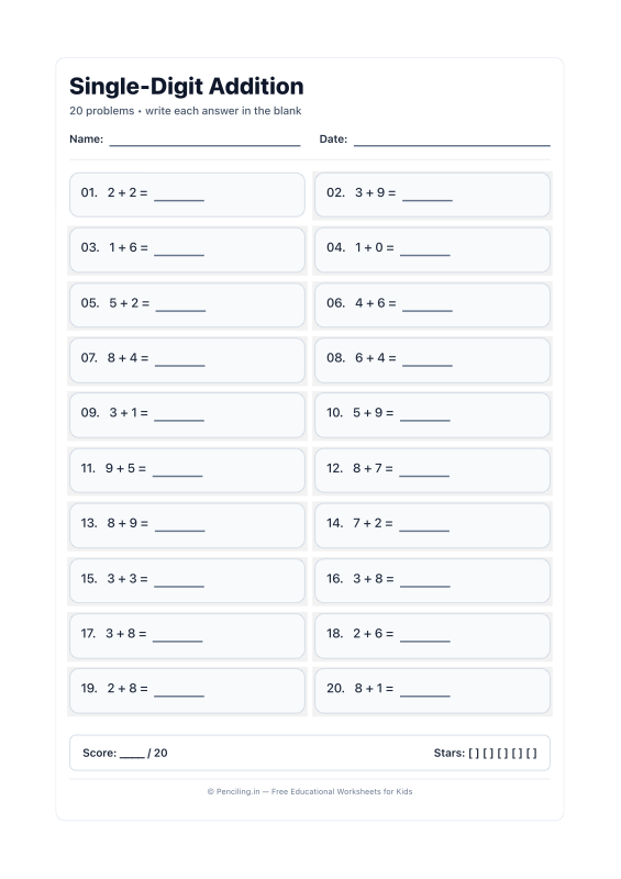 Single Digit Addition Worksheet 24 worksheet preview