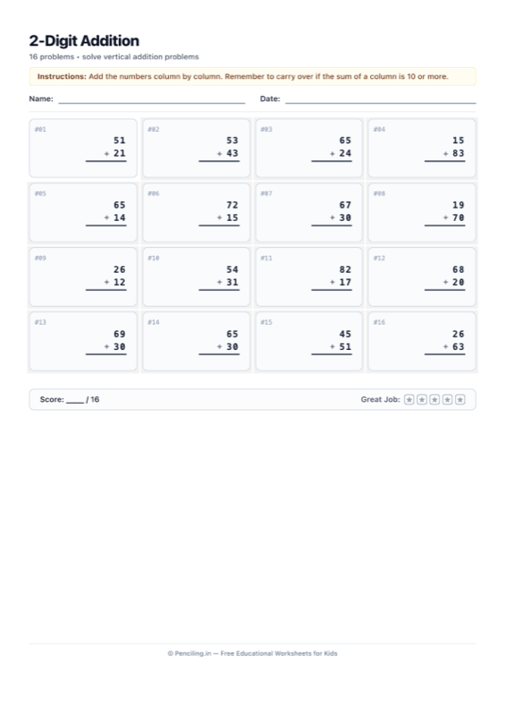 Double Digit Addition Worksheet 01 worksheet preview