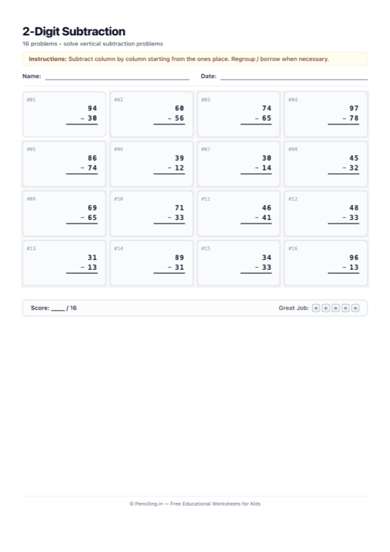 Double Digit Subtraction Worksheet 02 worksheet preview