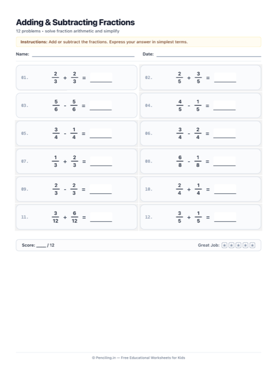 Fractions Arithmetic Worksheet 01 worksheet preview