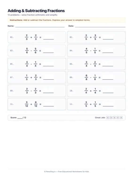 Fractions Arithmetic Worksheet 01 worksheet preview