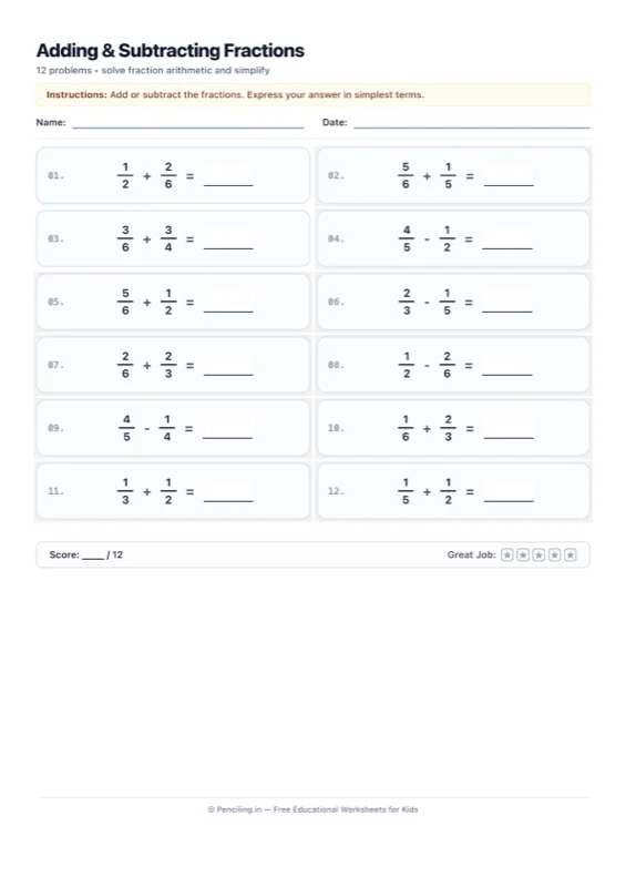 Fractions Arithmetic Worksheet 02 worksheet preview