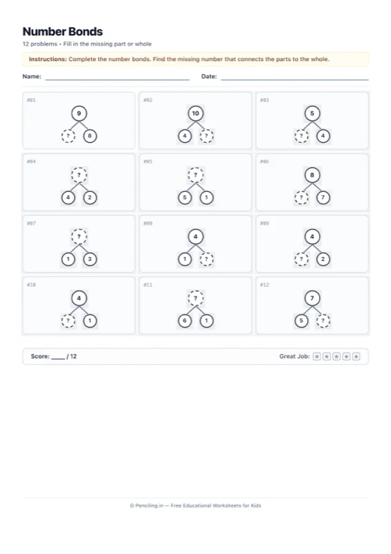 Number Bonds Worksheet 01 worksheet preview