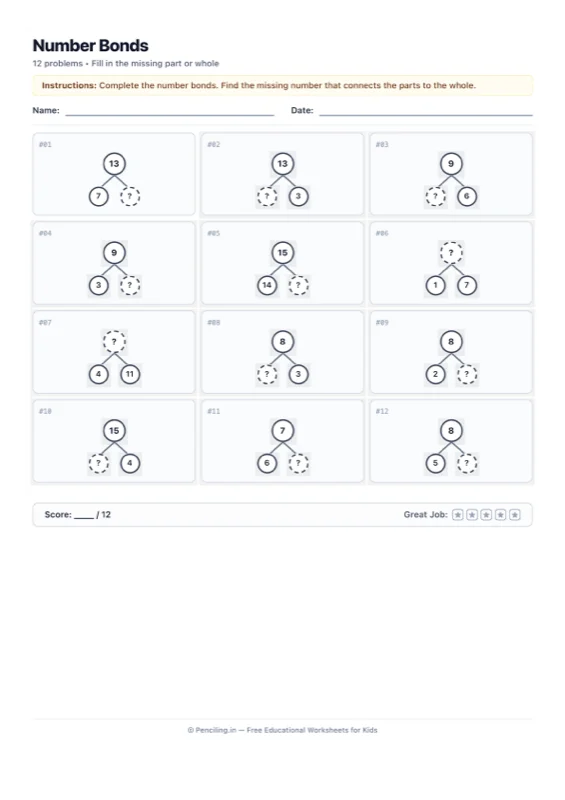 Number Bonds Worksheet 02 worksheet preview