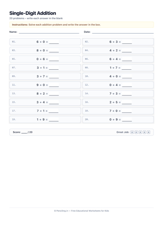 Single Digit Addition Worksheet 01 worksheet preview