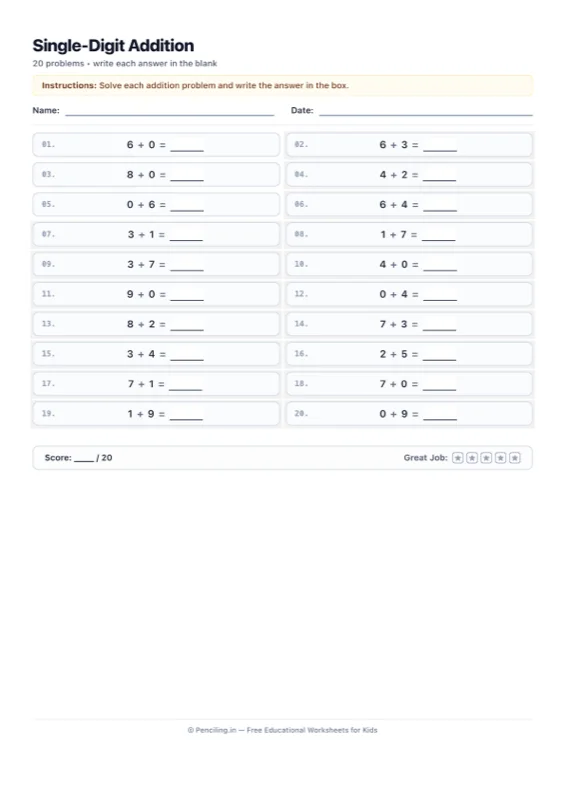 Single Digit Addition Worksheet 01 worksheet preview