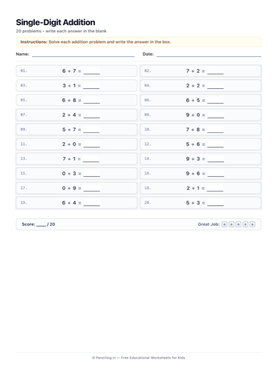 Single Digit Addition Worksheet 02 worksheet preview