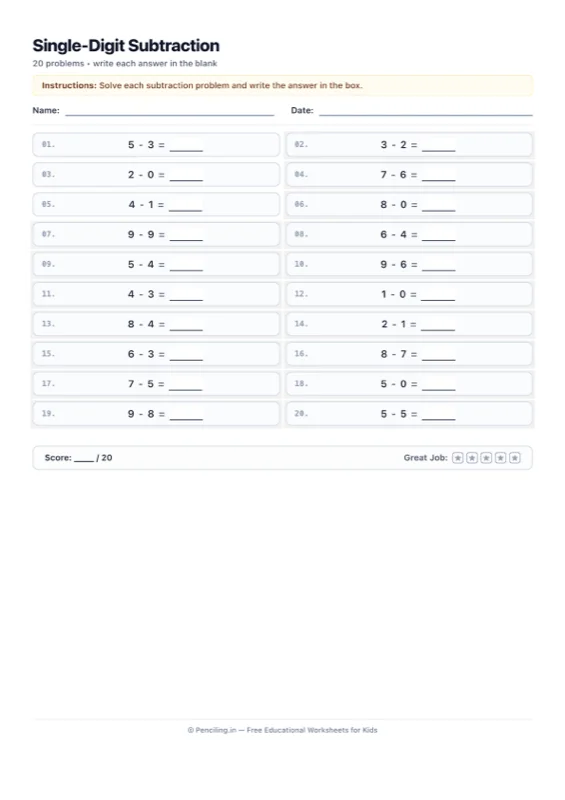Single Digit Subtraction Worksheet 01 worksheet preview