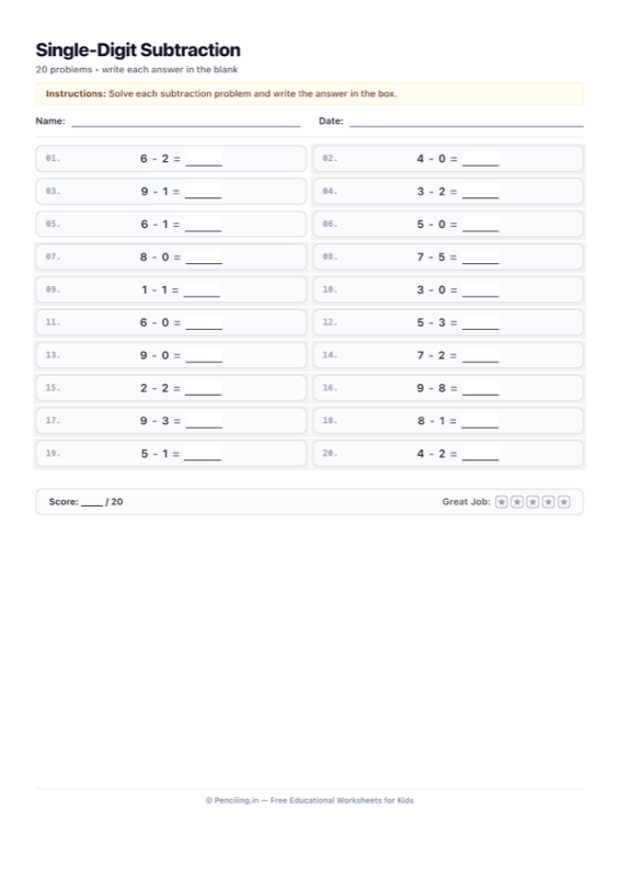 Single Digit Subtraction Worksheet 02 worksheet preview
