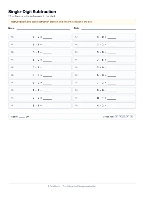 Single Digit Subtraction Worksheet 02 worksheet preview