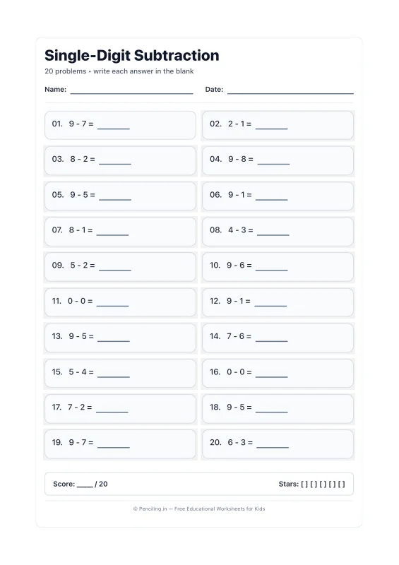 Single Digit Subtraction Worksheet 01 worksheet preview