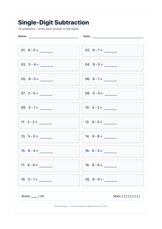 Single Digit Subtraction Worksheet 03 worksheet preview