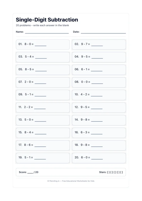 Single Digit Subtraction Worksheet 03 worksheet preview