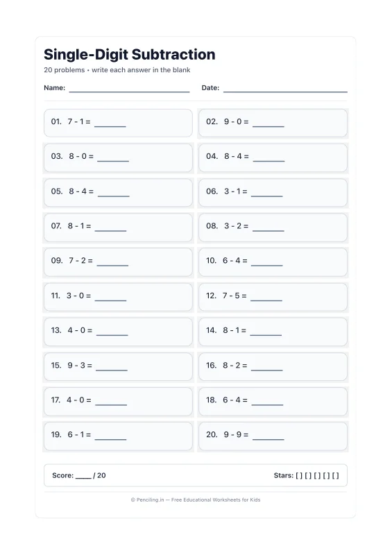 Single Digit Subtraction Worksheet 04 worksheet preview
