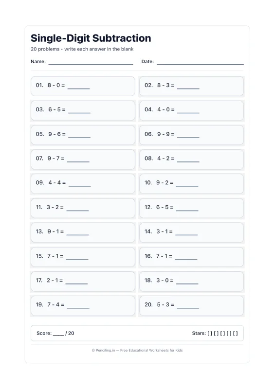 Single Digit Subtraction Worksheet 06 worksheet preview