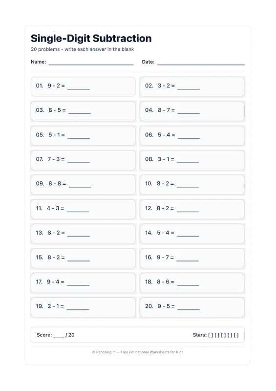 Single Digit Subtraction Worksheet 08 worksheet preview