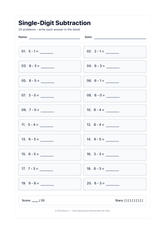 Single Digit Subtraction Worksheet 09 worksheet preview