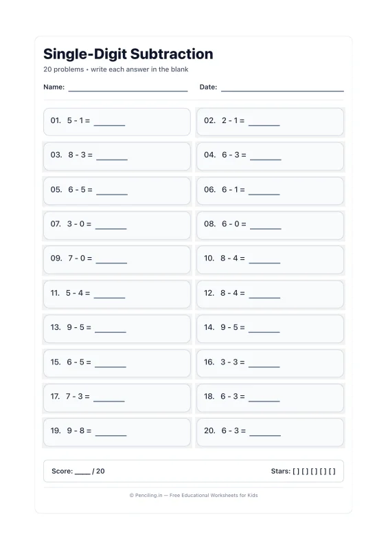 Single Digit Subtraction Worksheet 09 worksheet preview