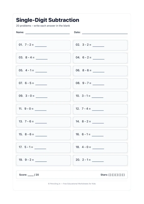 Single Digit Subtraction Worksheet 10 worksheet preview