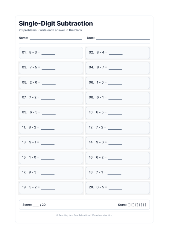 Single Digit Subtraction Worksheet 11 worksheet preview