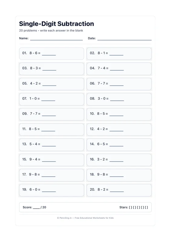 Single Digit Subtraction Worksheet 12 worksheet preview
