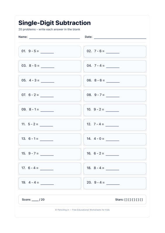 Single Digit Subtraction Worksheet 15 worksheet preview