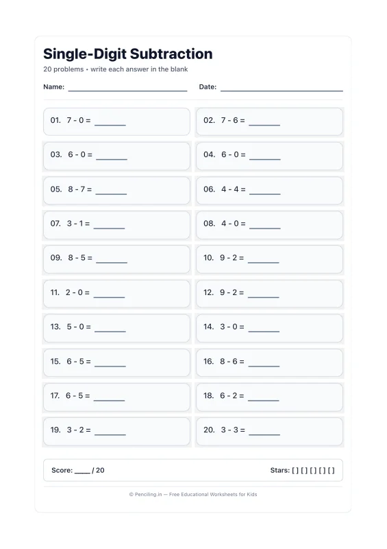 Single Digit Subtraction Worksheet 16 worksheet preview
