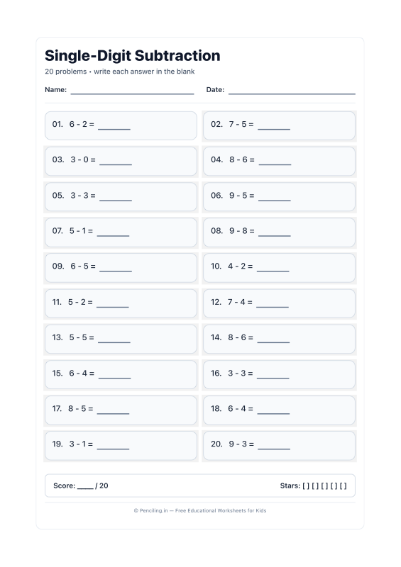 Single Digit Subtraction Worksheet 18 worksheet preview