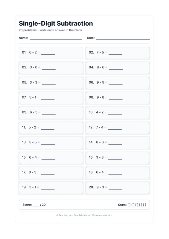 Single Digit Subtraction Worksheet 18 worksheet preview
