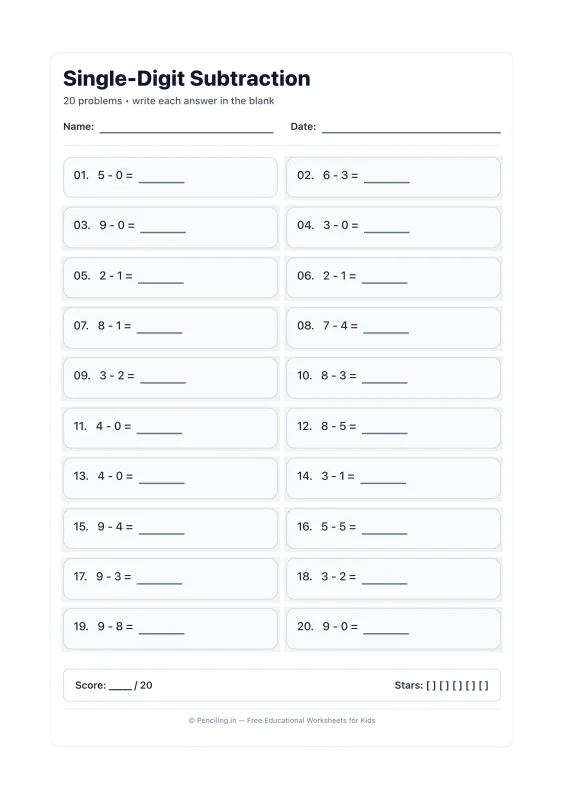 Single Digit Subtraction Worksheet 19 worksheet preview