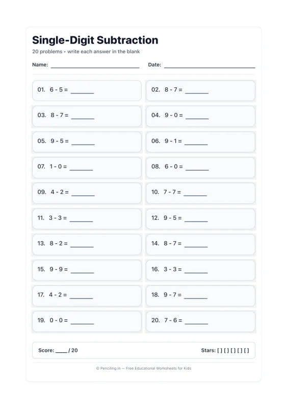 Single Digit Subtraction Worksheet 20 worksheet preview
