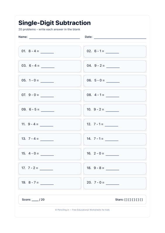 Single Digit Subtraction Worksheet 22 worksheet preview