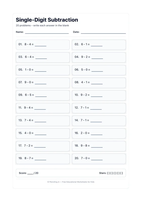 Single Digit Subtraction Worksheet 22 worksheet preview