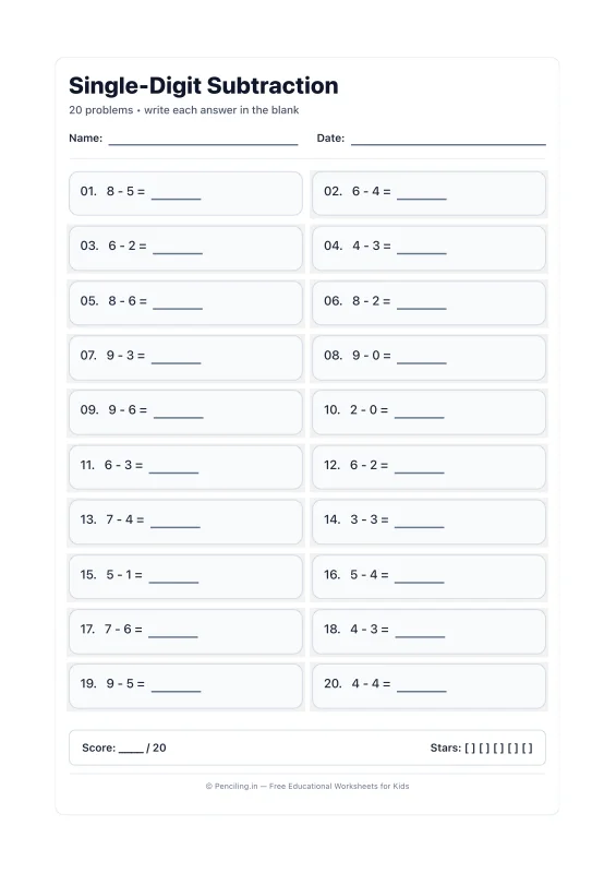 Single Digit Subtraction Worksheet 23 worksheet preview