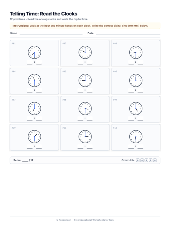 Telling Time Worksheet 01 worksheet preview