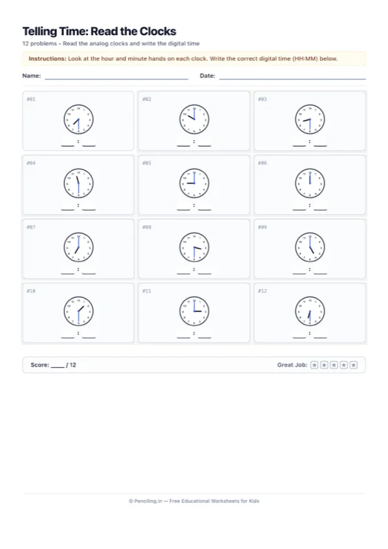 Telling Time Worksheet 01 worksheet preview
