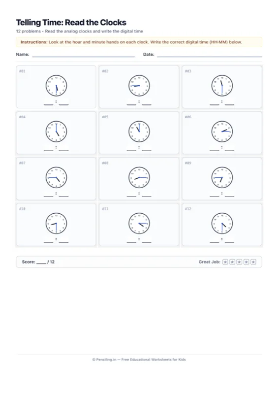 Telling Time Worksheet 02 worksheet preview