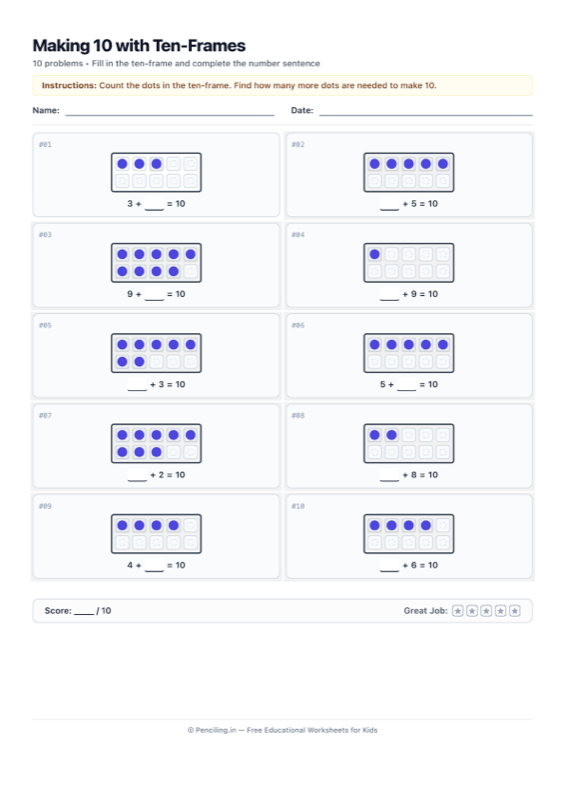 Ten Frames Addition Worksheet 01 worksheet preview